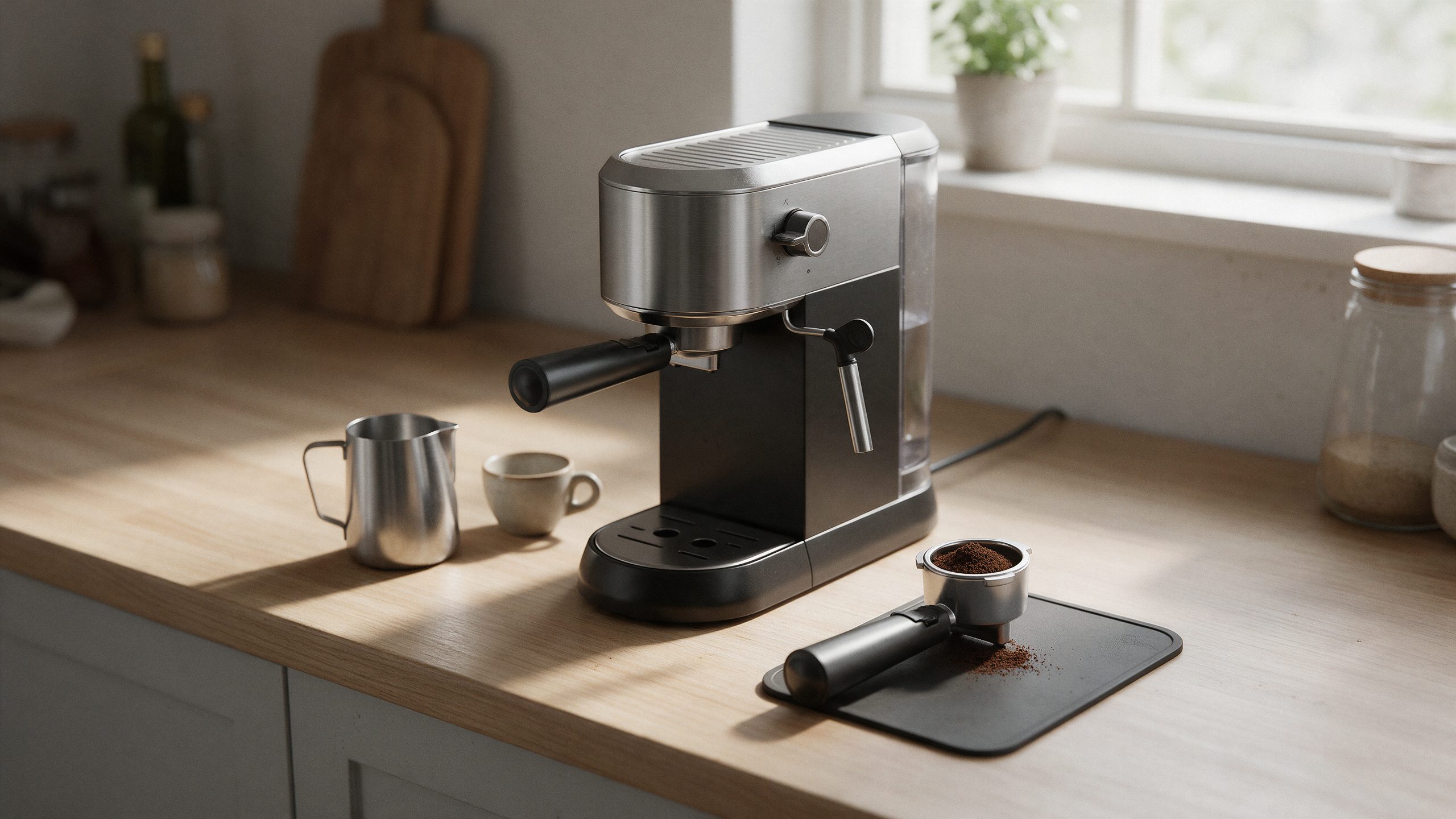 Compact home espresso machine on a wooden kitchen counter with a milk pitcher, an espresso cup and a filled portafilter on a tamping mat