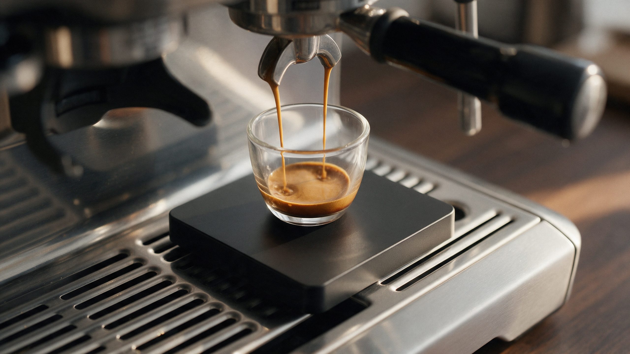 Slim black espresso scale on a machine drip tray, weighing a glass cup as a shot pours from the portafilter