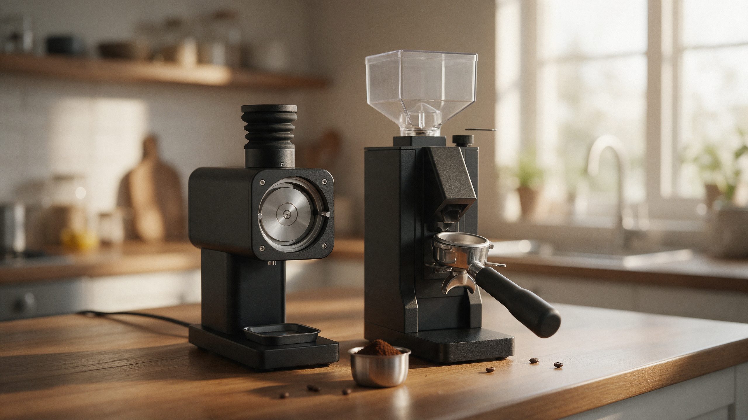 Single-dose flat-burr espresso grinder beside a hopper grinder holding a portafilter on a wooden kitchen counter