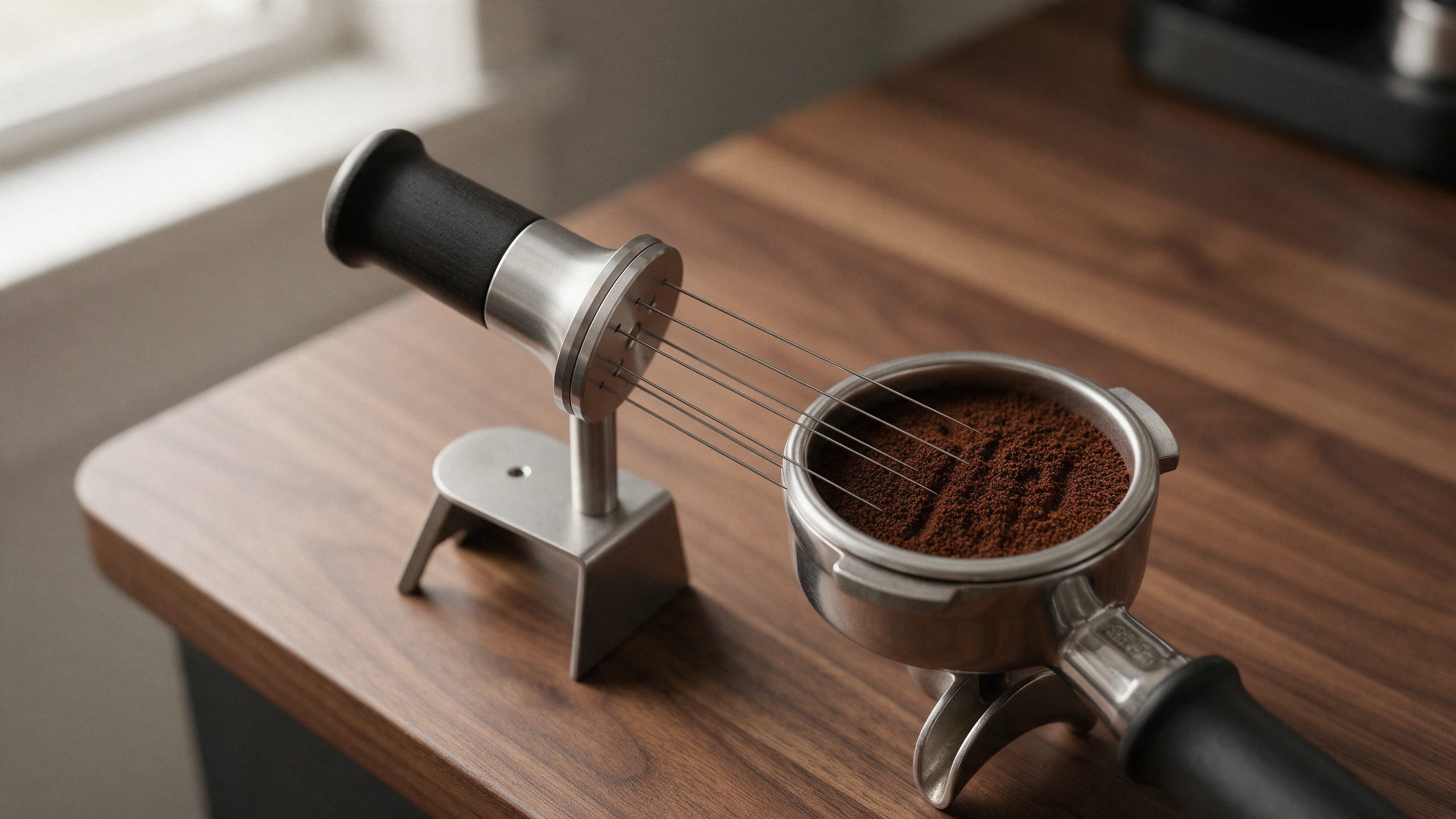 WDT tool with thin stainless steel needles on a small stand beside a portafilter of stirred espresso grounds on a walnut counter