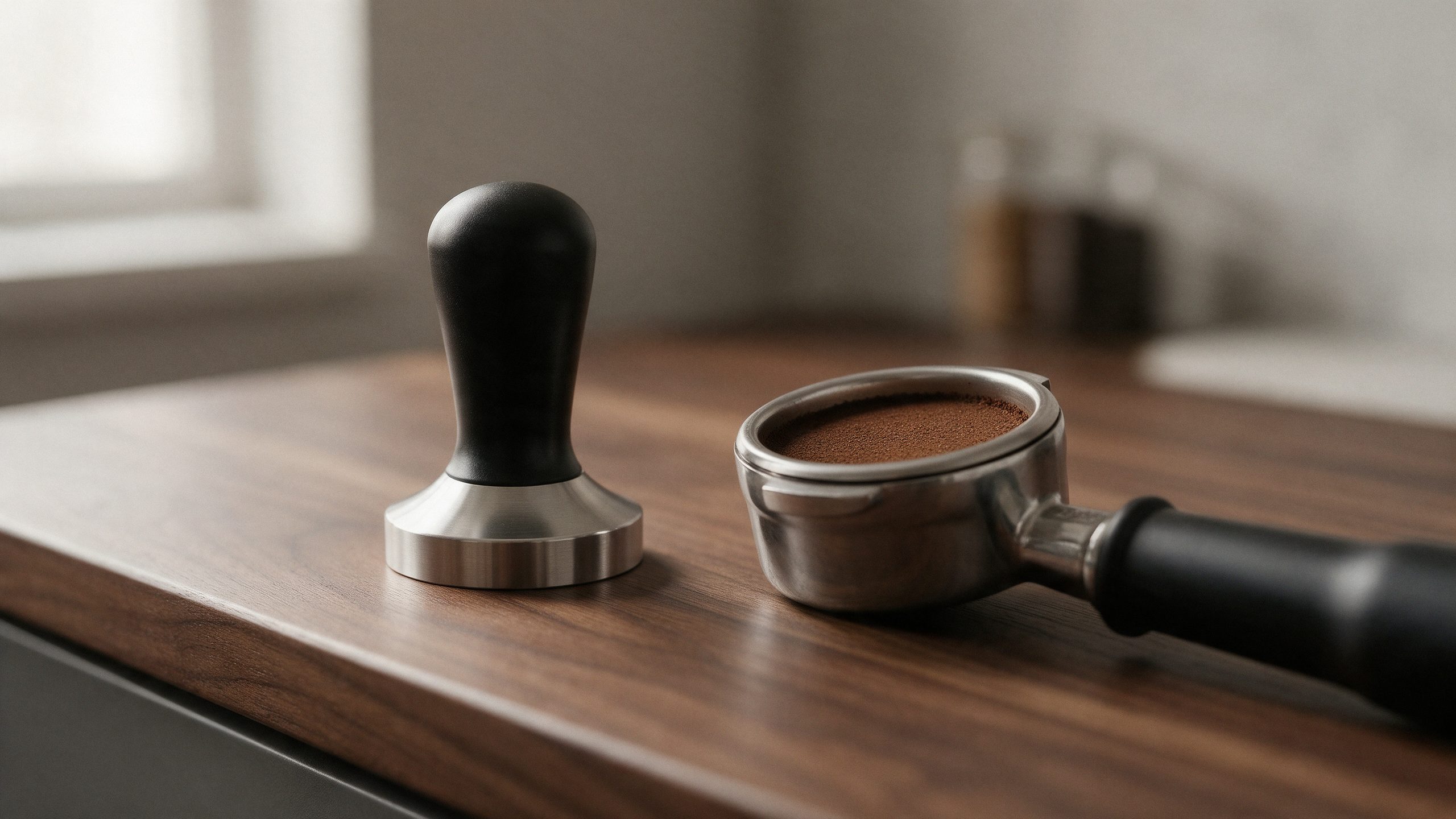 Stainless steel espresso tamper with a black handle beside a portafilter holding a level, freshly tamped coffee puck on a walnut counter
