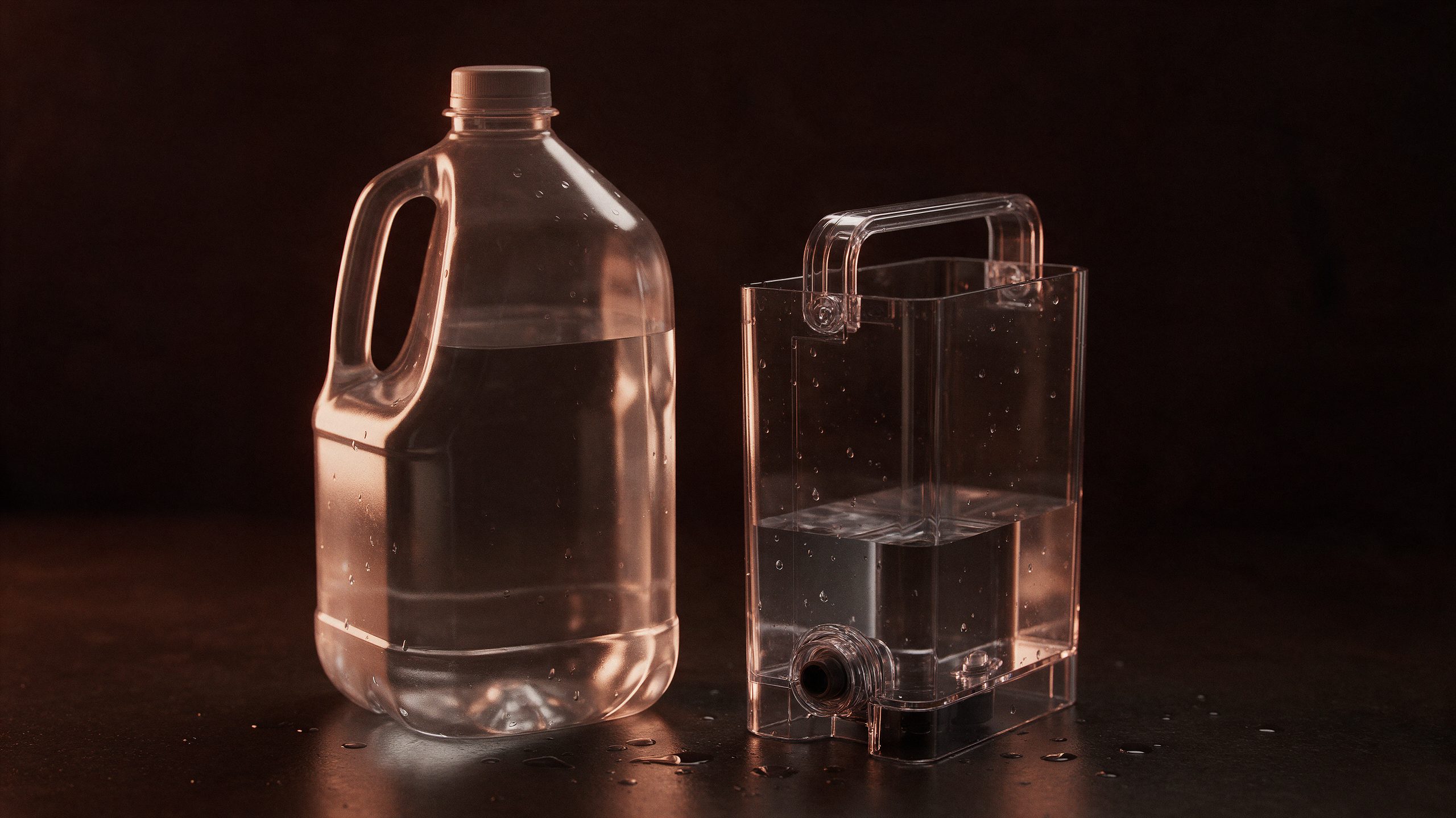 Unlabeled gallon jug of water beside a clear espresso machine water tank on a dark counter